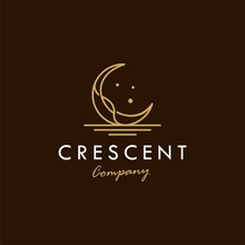 Elegant Crescent Moon And Star With River Water Sea Icon Logo Design Line Vector In Luxury Style Outline Linear, Logo For Hotel Or Spa Business