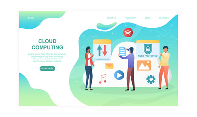 Poster - Male and female characters are working on cloud computing together. Colleagues are making cloud services. Website, web page, landing page template. Flat cartoon vector illustration