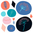 Set of quirky floral botanical stylized round dot stickers, design elements, greeting card. Arty cute dill feather heart diamond shape twig pattern. Flat linear design pink red blue pastel neon color