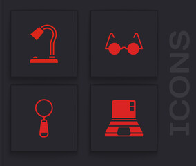 Wall Mural - Set Laptop, Table lamp, Eyeglasses and Magnifying icon. Vector.