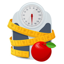 Bathroom Scales, Red Apple And Centimeter To Measure On White Background, Top View. Weight Loss, Healthy Lifestyles, Diet, Proper Nutrition.