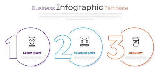 Sticker - Set line Soda can, Bathroom scales and Coffee cup to go. Business infographic template. Vector.