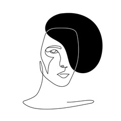 Wall Mural - Continuous line abstract face. Contemporary minimalist portrait. Hand drawn line art with liquid colored shape element. Beauty fashion minimalist concept. Vector