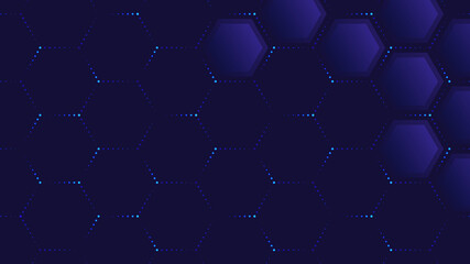 Abstract technology background. Vector illustration of transparent hexagons and glowing neon colored dotted lines over blue background for your design