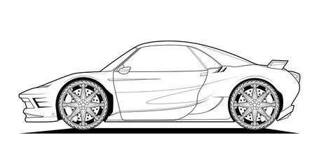 Wall Mural - Vector line art original car illustration. Black contour sketch illustrate adult coloring page for book and drawing. High speed drive vehicle. Graphic element. wheel. Isolated on white background.