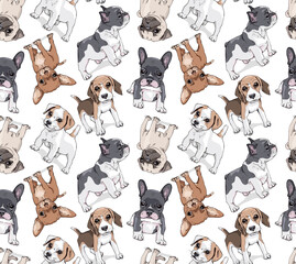 Seamless wallpaper pattern. Funny Cartoon puppies Characters. French Bulldog, Beagle, Jack Russell Terrier, Chihuahua, Pug. Textile composition, hand drawn style print. Vector illustration.