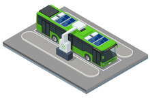 Isometric An Electric Bus, A Bus That Is Powered By Electricity. Ecological Public Transport