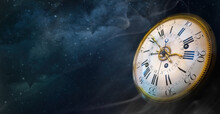 Clock Face Of The Old Watch On The Night Sky Background With Stars. Philosophy Image Of Space Time Dimension And Time Transience.