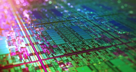 Poster - cpu circuitry die shot technology background. colorful data processing on silicon. abstract data tra