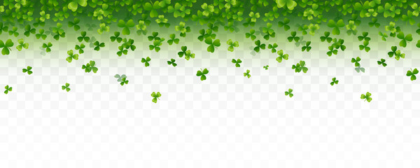 Shamrock flying leaves seamless border isolated on transparent background. Green irish symbols Good Luck banner. Vector clover pattern for Saint Patrick's Day holiday greeting card design