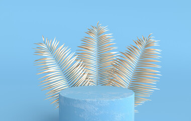 Leinwandbilder - 3d rendered studio with geometric shapes, podium on the floor. Platforms for product presentation, mock up background. Abstract composition in minimal design, tropic palm leaves