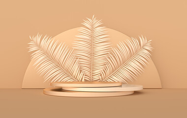Leinwandbilder - 3d rendered studio with geometric shapes, podium on the floor. Platforms for product presentation, mock up background. Abstract composition in minimal design, tropic palm leaves