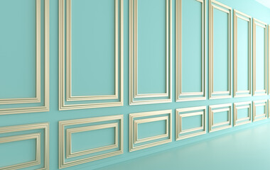 Wall Mural - Classic interior walls with copy space. Walls with ornated mouldings panels and wooden floor, classic cornice. Floor parquet. 3d rendering digital interior mock up Illustration. Pastel colors