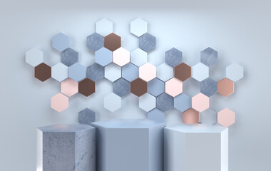 Aufkleber - 3d rendered studio with geometric shapes, podium on the floor. Platforms for product presentation, mock up background. Abstract composition in minimal design, pastel and gold colors