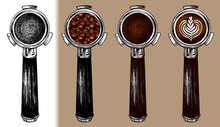 Sketch Hand Drawn Set Of Coffee  Portafilter With Coffee Beans, Latte Art, Cappuccino. Espresso Filter Holders Isolated., Ground Roasted Coffee,logo, Bar, Cafe Vintage Background. Vector Illustration