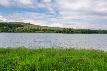 Blooming trees on a mountain lake.