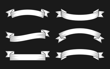 Poster - White ribbon with black contour line set. Old hipster style decorative banner tape in engraving. Different shape blank simple template flag for text price tag, sale label. Isolated vector illustration