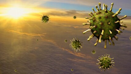 Wall Mural - 3D illustration flu coronavirus floating through the clouds at sunset. Covid 19