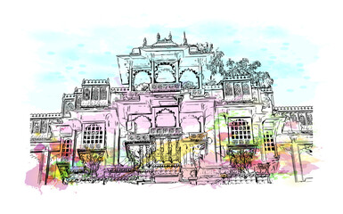 Building view with landmark of Udaipur is the
city in India. Watercolour splash with hand drawn sketch illustration in vector.