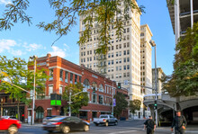Downtown Main Street In The City Center Of Spokane, Washington, USA, Near The 1889 Red Brick Building.