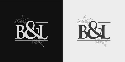 BL Initial logo, Ampersand initial Logo with Hand Draw Floral, Initial Wedding Font Logo Isolated on Black and White Background.