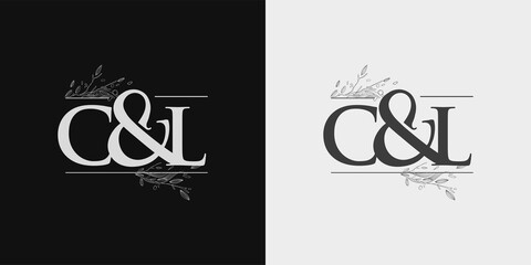 CL Initial logo, Ampersand initial Logo with Hand Draw Floral, Initial Wedding Font Logo Isolated on Black and White Background.