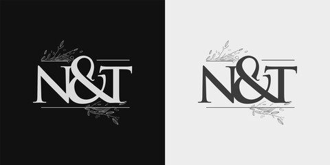 Wall Mural - NT Initial logo, Ampersand initial Logo with Hand Draw Floral, Initial Wedding Font Logo Isolated on Black and White Background.