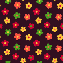 Seamless Brown Background With Red, Yellow, And Orange Retro Style Flowers. Vector Illustration.