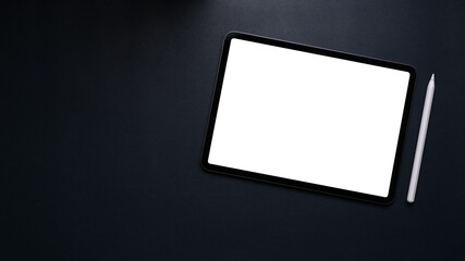 Fototapete - Flat lay mock up digital tablet with blank screen and digitizer pen on black leather.