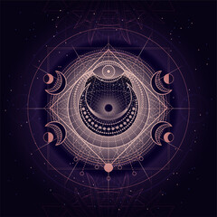 Wall Mural - Vector illustration of Sacred geometry symbol on abstract background. Mystic sign drawn in lines. Image in purple color.