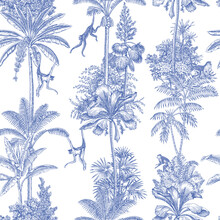 Toile Tropical Animals, Palms Tree, Plant Vintage Graphic Seamless Pattern. Monkey Blue Botanical Jungle.