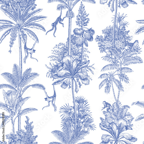 Dekoracja na wymiar  toile-tropikalnych-zwierzat-palmy-roslina-vintage-graficzny-wzor-malpa-niebieska-dzungla-botaniczna