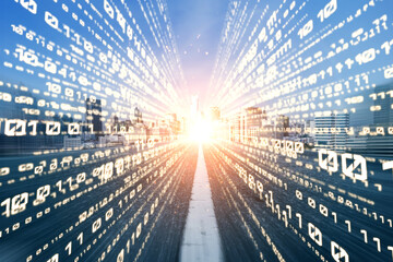 Digital data flow on road with motion blur to create vision of fast speed transfer . Concept of future digital transformation , disruptive innovation and agile business methodology .