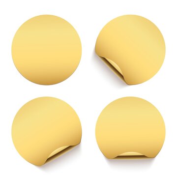 Gold glued round stickers with golden back side curling set. 3d circular shaped blank paper labels vector illustration. Badges with shining peel effect