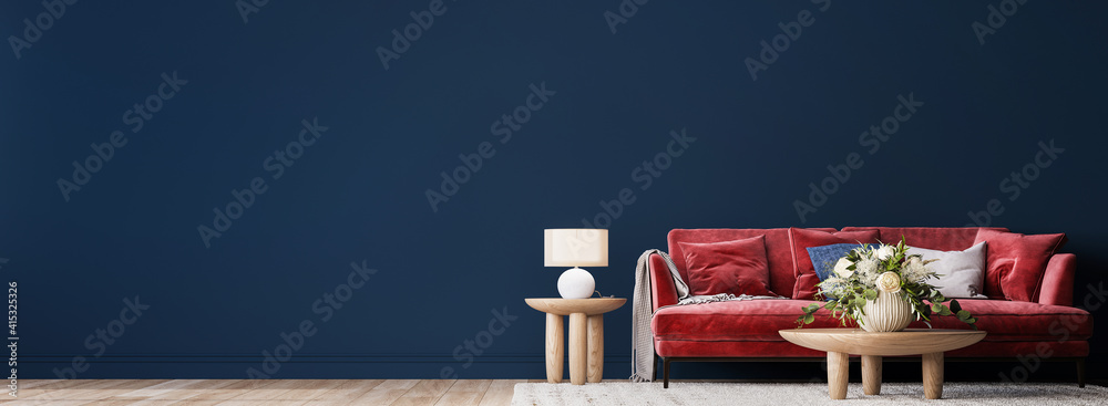 Living room interior mock-up with red sofa, wooden table and rattan home decoration in dark blue background, panorama, 3d render - obrazy, fototapety, plakaty 