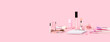 Tender pink monochrome feminine makeup tools and accessories. brushes blush lipstick vanish on candy pink. Birthday beauty cosmetics blogger advert border concept. Copy space