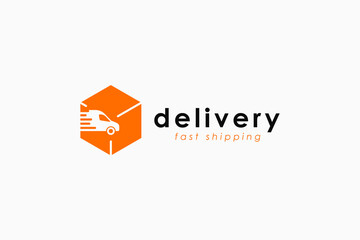 Poster - Fast Shipping Delivery Logo. Orange Hexagonal Shape Box Cube with Negative Space Truck Icon inside isolated on White Background. Flat Vector Logo Design Template Element.
