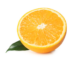 Cut juicy orange on white background