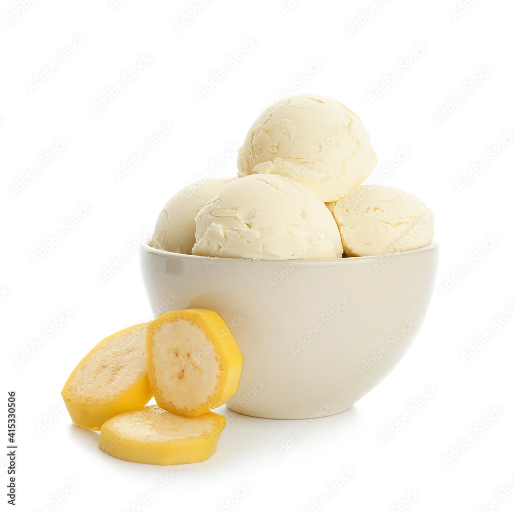 Tasty banana ice-cream in bowl on white background
