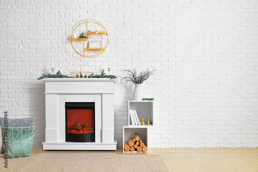 Interior of modern living room with fireplace