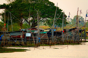 Sticker - Thailand, Udon Thani, fishing net on the lake at Kumphawapi