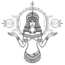 Cartoon Drawing: Beautiful Woman In A Horned Crown, Character In Assyrian Mythology. Winged Goddess. Ishtar, Astarta, Inanna. Sacred Geometry. Vector Illustration Isolated On A White Background.