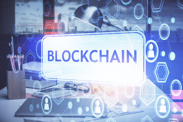 Poster - Double exposure of crypto technology theme drawing and office interior background. Concept of blockchain.