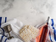 Top view of matza and kosher wine and wineglass, jewish Passover holiday concept.