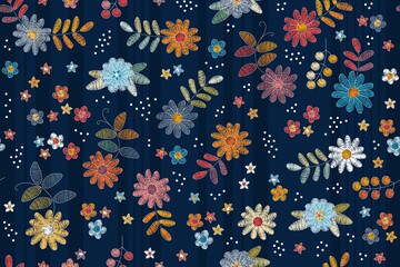 Wall Mural - Floral embroidery seamless pattern. Colorful flowers, leaves, berries and dots on striped background.