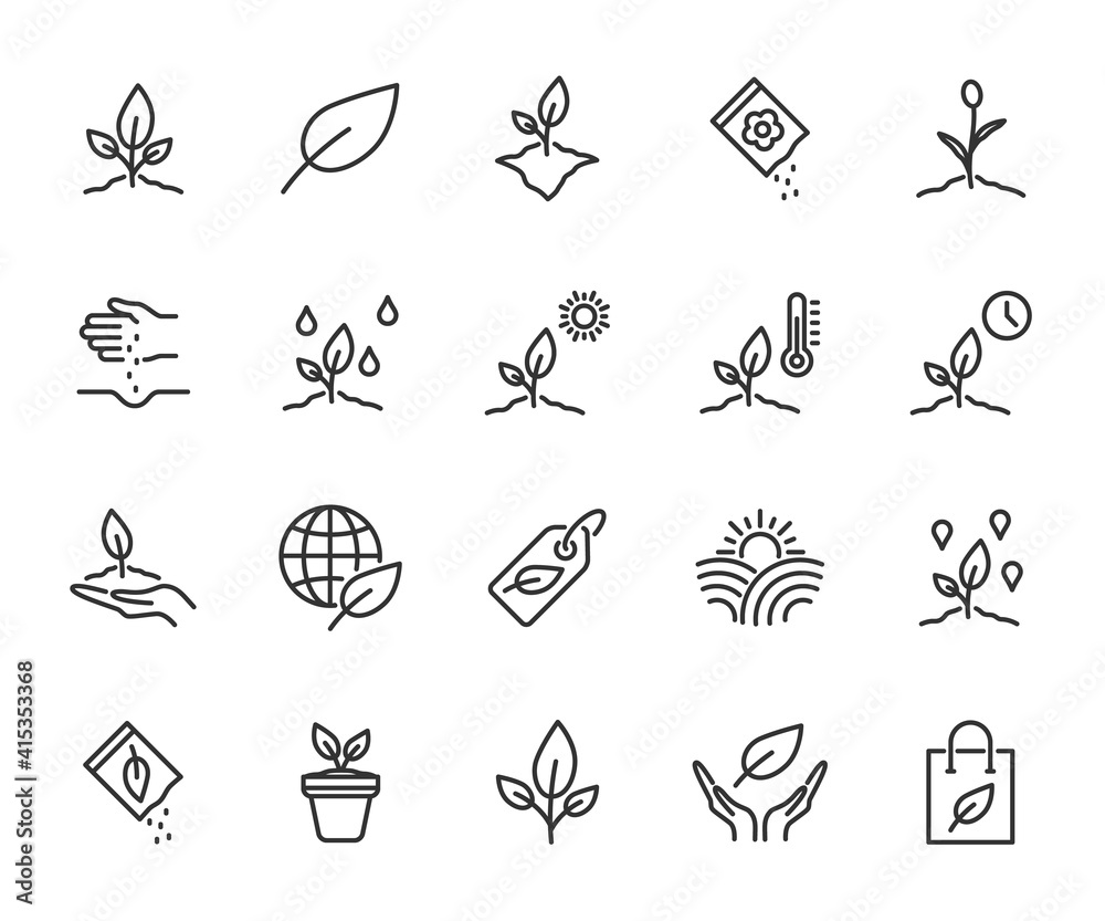 Vector set of plant line icons. Contains icons seedling, seeds, growing ...