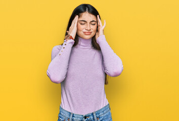 Poster - Young beautiful teen girl wearing turtleneck sweater with hand on head, headache because stress. suffering migraine.