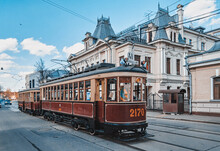 Vintage Tram On The Street In The Historical City Center. Moscow Tram Parade. 