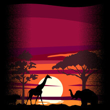 Sunset In African Vector Illustration - African Wild T Shirt Design For Sale