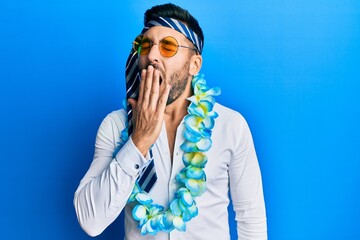 Sticker - Young hispanic businessman wearing party funny style with tie on head bored yawning tired covering mouth with hand. restless and sleepiness.